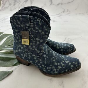 Roper Womens Denim Star Print Ankle Boots Size 10.5 New Blue Stonewash Western